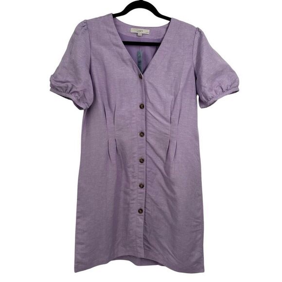 LOFT Orchid Flash Linen Button Front V-Neck Puff Sleeve Dress Size 12 Petite NWT - Picture 1 of 10